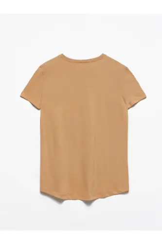 Women's Dark Camel Crew Neck Basic T-Shirt 3471-Dark Camel - DILVIN (1)
