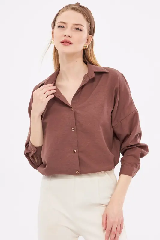 Women's Dark Coffee Oversized Long Basic Shirt ARM-22Y001118 - ARMONIKA