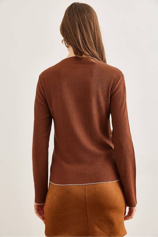 Women's Dark Coffee Stand Collar Baby Overlock Detail Knitted Blouse BLZ-19002783 - 2