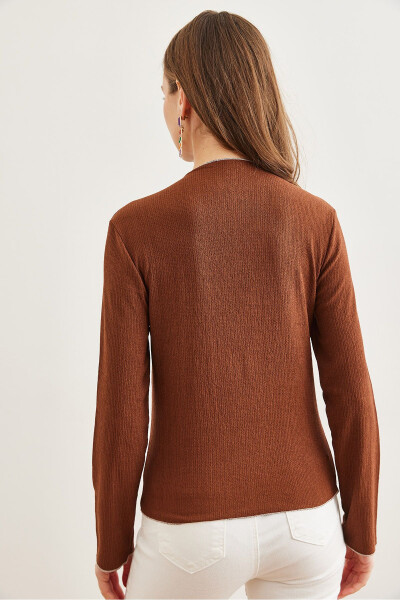 Women's Dark Coffee Stand Collar Baby Overlock Detail Knitted Blouse BLZ-19002783 - 3