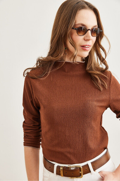 Women's Dark Coffee Stand Collar Baby Overlock Detail Knitted Blouse BLZ-19002783 - 4