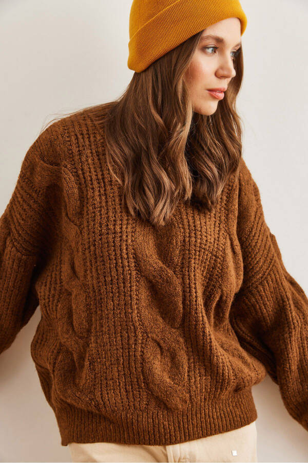 Women's Dark Coffee Thick Hair Braid Soft Textured Knitted Sweater - 1