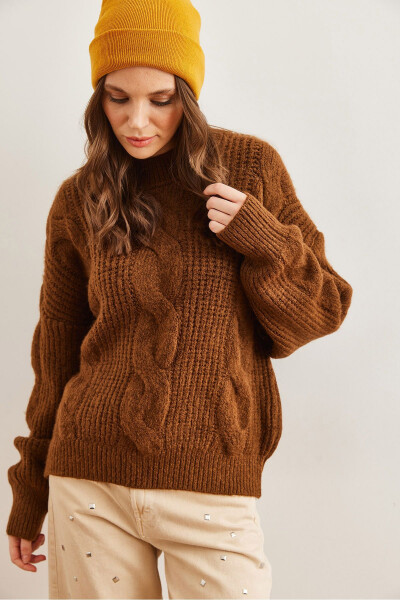 Women's Dark Coffee Thick Hair Braid Soft Textured Knitted Sweater - OLALOOK (1)