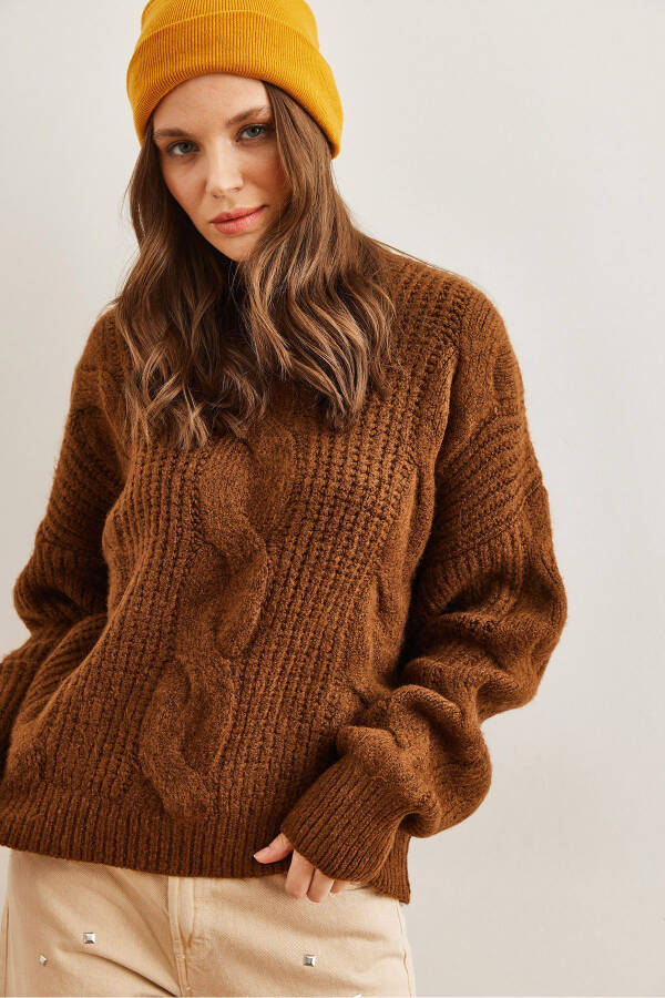 Women's Dark Coffee Thick Hair Braid Soft Textured Knitted Sweater - 3