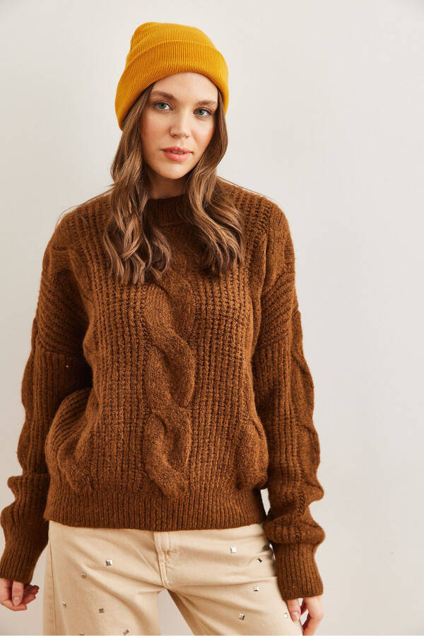 Women's Dark Coffee Thick Hair Braid Soft Textured Knitted Sweater - 4