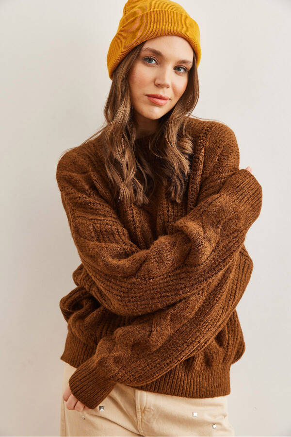 Women's Dark Coffee Thick Hair Braid Soft Textured Knitted Sweater - 5