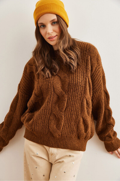 Women's Dark Coffee Thick Hair Braid Soft Textured Knitted Sweater - 6