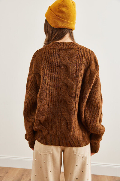 Women's Dark Coffee Thick Hair Braid Soft Textured Knitted Sweater - 8