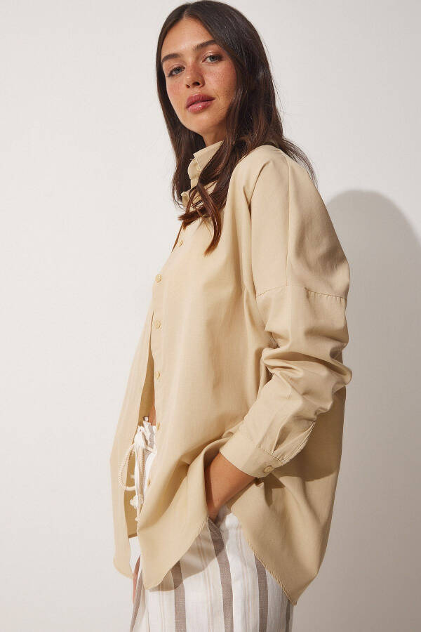 Women's Dark Cream Oversize Long Basic Shirt DD00842 - 2