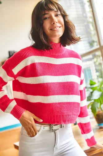 Women's Dark Fuchsia Striped Mock Neck Crop Knit Sweater KZK-19000402-Dark Fuchsia - OLALOOK (1)