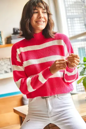 Women's Dark Fuchsia Striped Mock Neck Crop Knit Sweater KZK-19000402-Dark Fuchsia - 4