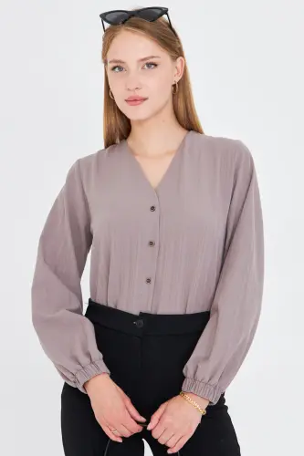 Women's Dark Gray Shirred Shirt with Elasticated Sleeves ARM-24K001002-Dark Gray - 2