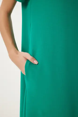 Women's Dark Green A-Line Summer Knitted Dress UB00060-Dark Green - 4