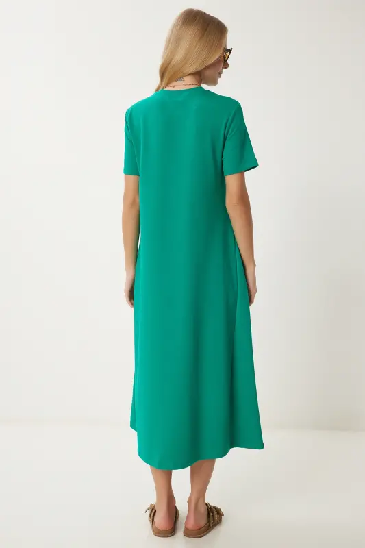 Women's Dark Green A-Line Summer Knitted Dress UB00060-Dark Green - 5
