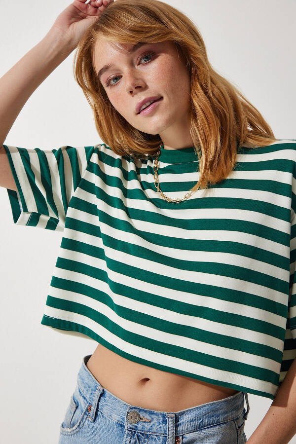 Women's Dark Green Bike Neck Striped Cropped Knit T-Shirt CR00427 - 3