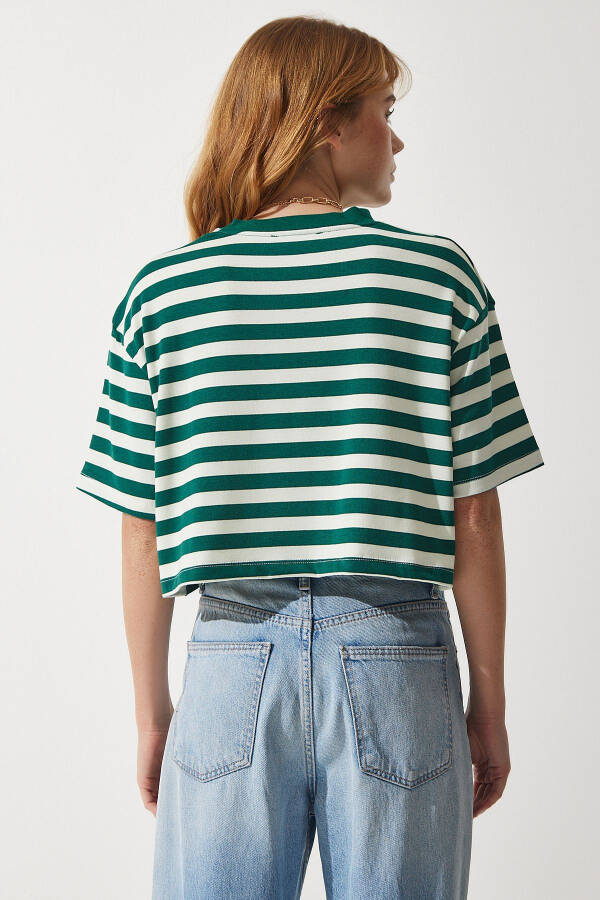 Women's Dark Green Bike Neck Striped Cropped Knit T-Shirt CR00427 - 6