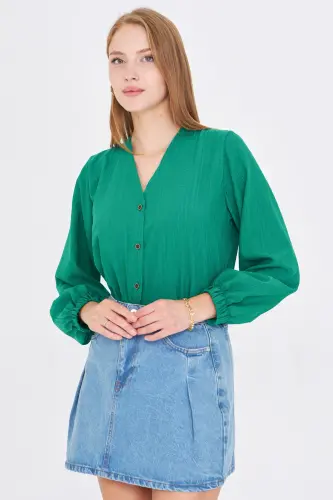 Women's Dark Green Elastic Sleeve Crinkle Shirt ARM-24K001002-Dark Green - 2
