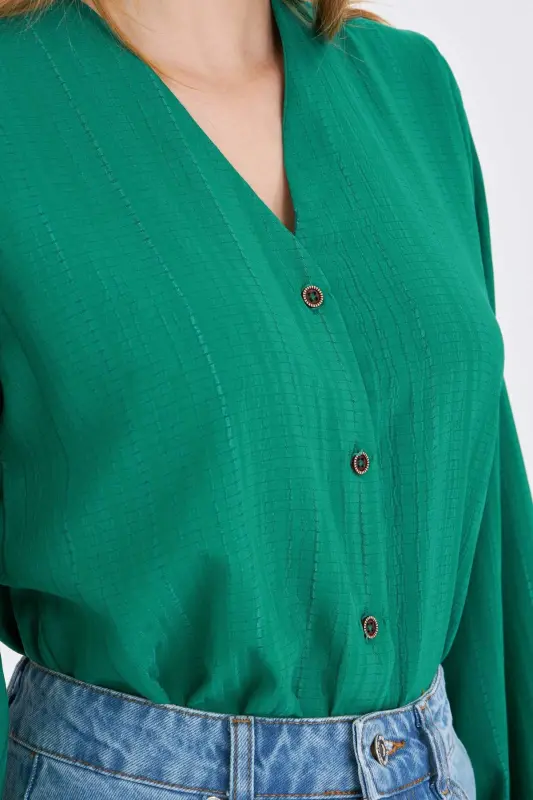 Women's Dark Green Elastic Sleeve Crinkle Shirt ARM-24K001002-Dark Green - 3