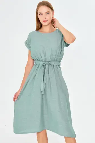 Women's Dark Green Elastic Waist Tie Dress ARM-18Y001133-Dark Green - 1