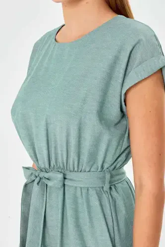 Women's Dark Green Elastic Waist Tie Dress ARM-18Y001133-Dark Green - 2