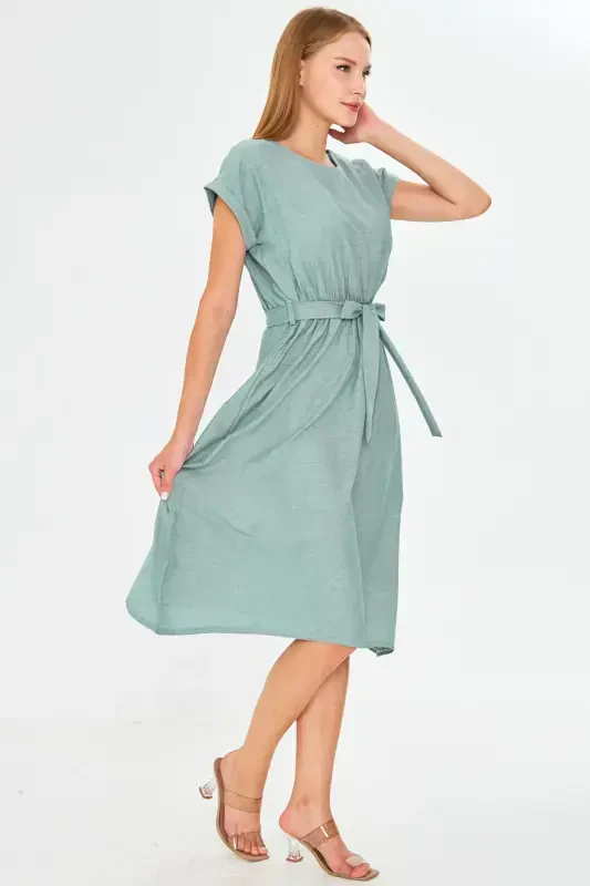 Women's Dark Green Elastic Waist Tie Dress ARM-18Y001133-Dark Green - 3