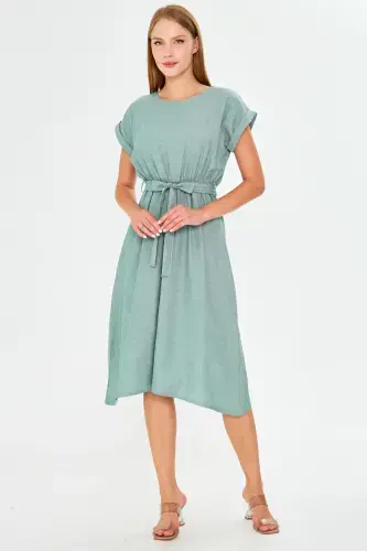 Women's Dark Green Elastic Waist Tie Dress ARM-18Y001133-Dark Green - 4