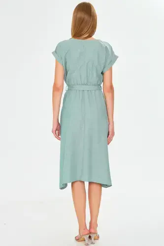 Women's Dark Green Elastic Waist Tie Dress ARM-18Y001133-Dark Green - 5