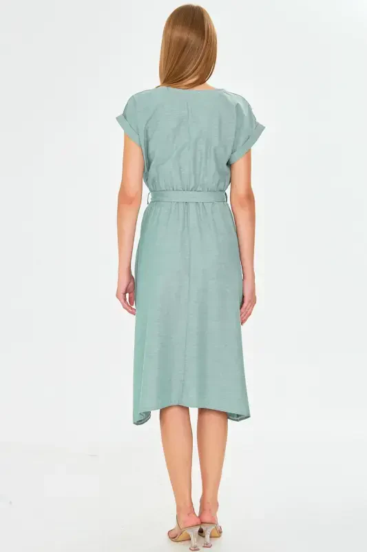 Women's Dark Green Elastic Waist Tie Dress ARM-18Y001133-Dark Green - 5