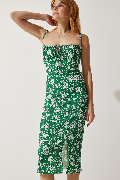 Women's Dark Green Floral Slit Summer Knit Dress CI00029 - HAPPINESS İSTANBUL