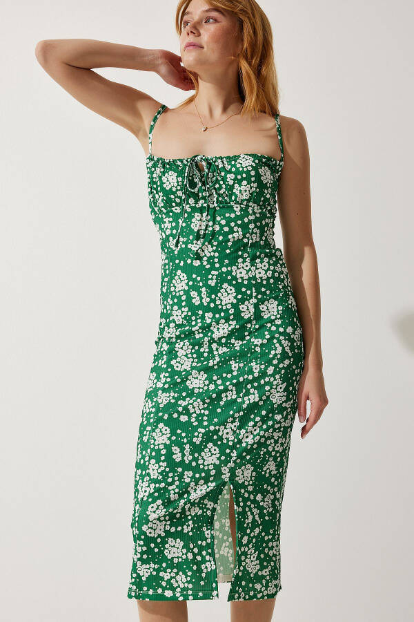 Women's Dark Green Floral Slit Summer Knit Dress CI00029 - 1