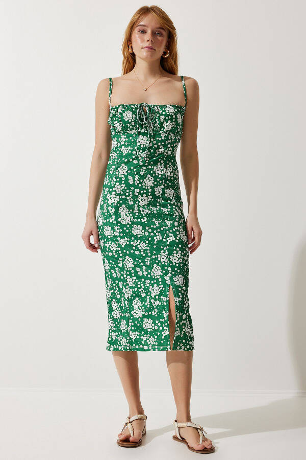 Women's Dark Green Floral Slit Summer Knit Dress CI00029 - 4