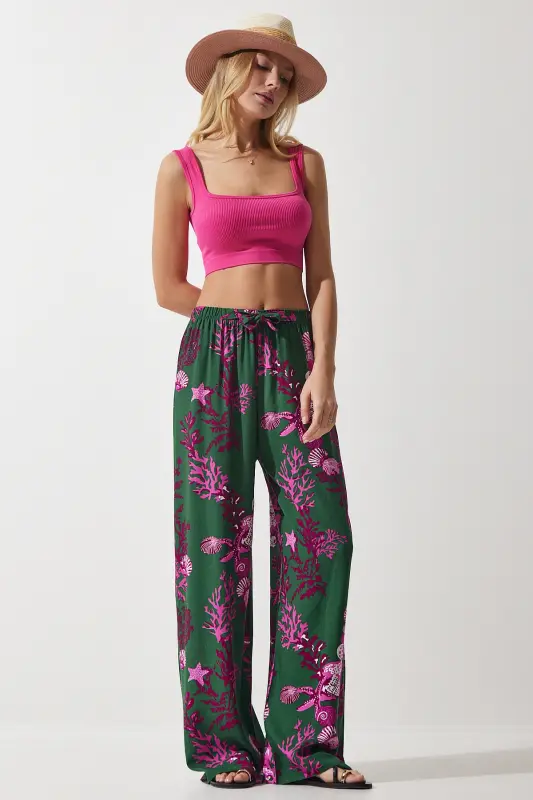 Women's Dark Green Fuchsia Patterned Flowy Viscose Palazzo Pants EN00606-Dark Green Fuchsia - HAPPINESS İSTANBUL
