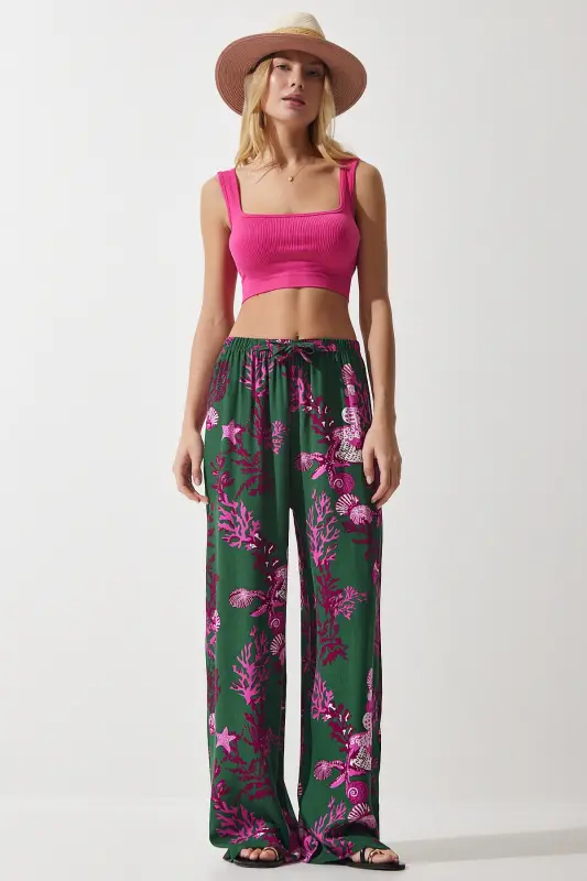 Women's Dark Green Fuchsia Patterned Flowy Viscose Palazzo Pants EN00606-Dark Green Fuchsia - 2