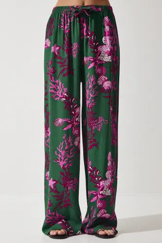 Women's Dark Green Fuchsia Patterned Flowy Viscose Palazzo Pants EN00606-Dark Green Fuchsia - 3