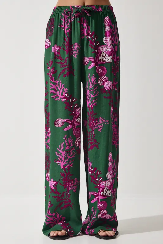 Women's Dark Green Fuchsia Patterned Flowy Viscose Palazzo Pants EN00606-Dark Green Fuchsia - 3