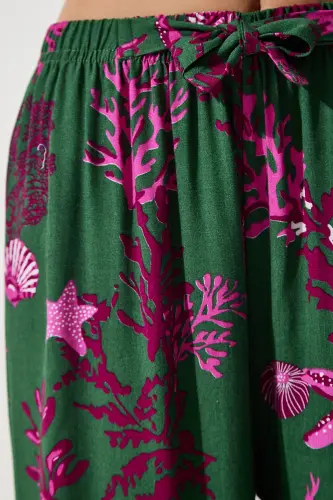 Women's Dark Green Fuchsia Patterned Flowy Viscose Palazzo Pants EN00606-Dark Green Fuchsia - 4