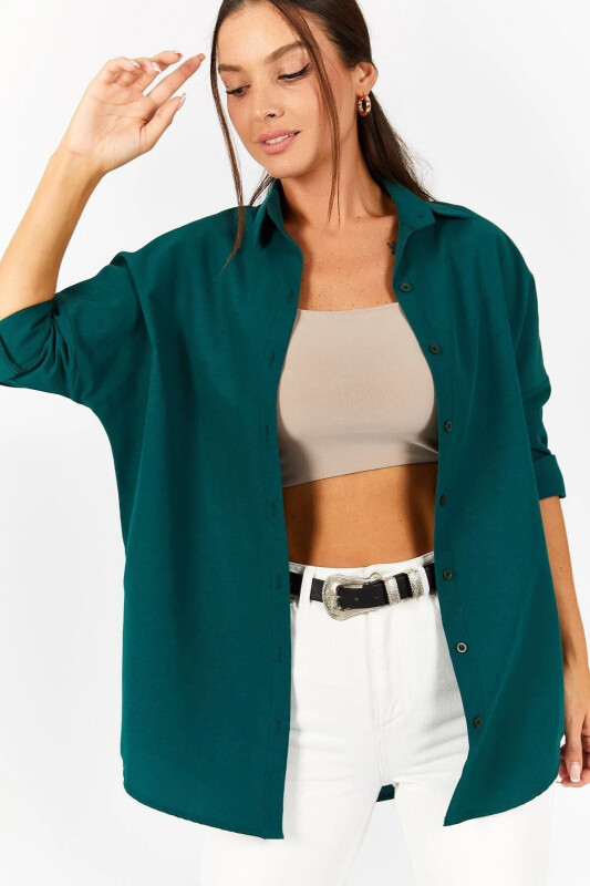 Women's Dark Green Oversize Long Basic Shirt ARM-22Y001118-Dark Green - ARMONIKA