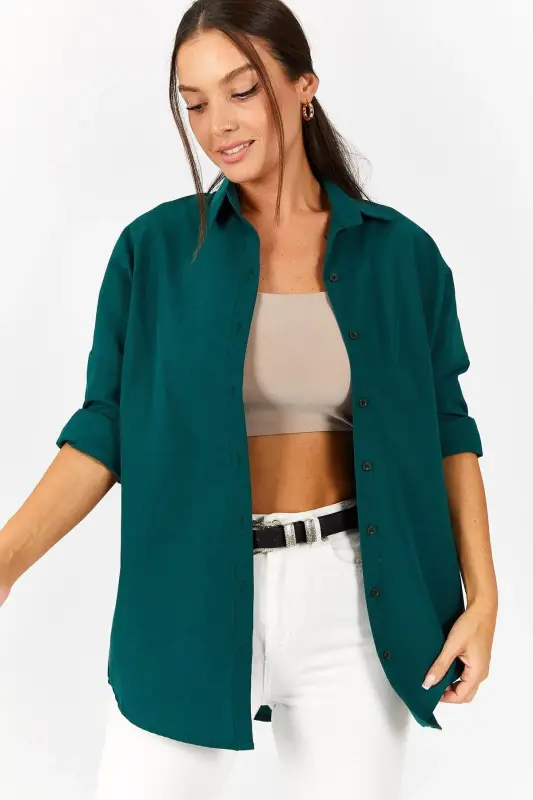 Women's Dark Green Oversize Long Basic Shirt ARM-22Y001118-Dark Green - 3