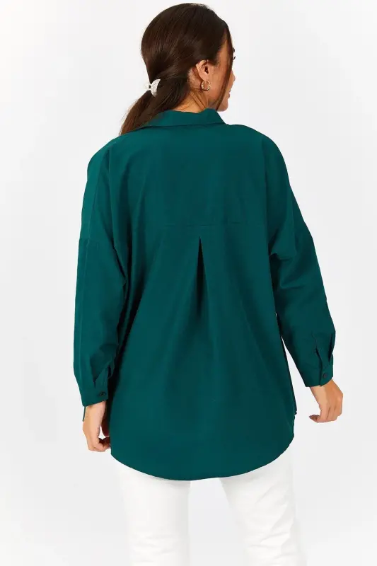 Women's Dark Green Oversize Long Basic Shirt ARM-22Y001118-Dark Green - 4