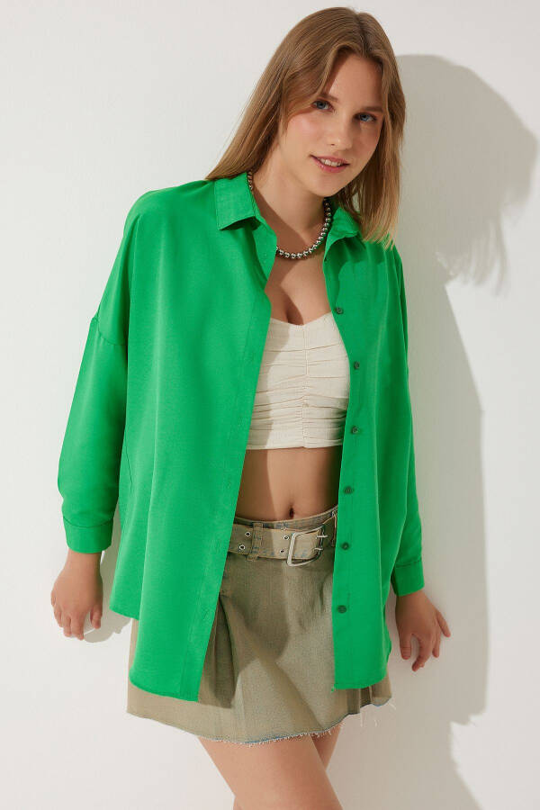 Women's Dark Green Oversize Long Basic Shirt DD00842 - 2