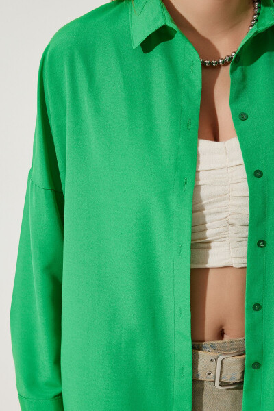Women's Dark Green Oversize Long Basic Shirt DD00842 - 3