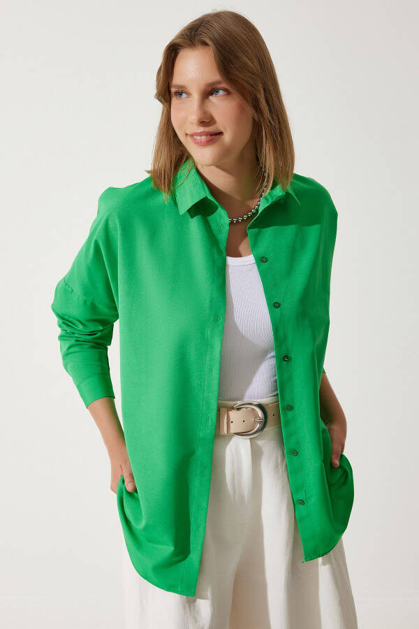 Women's Dark Green Oversize Long Basic Shirt DD00842 - 5