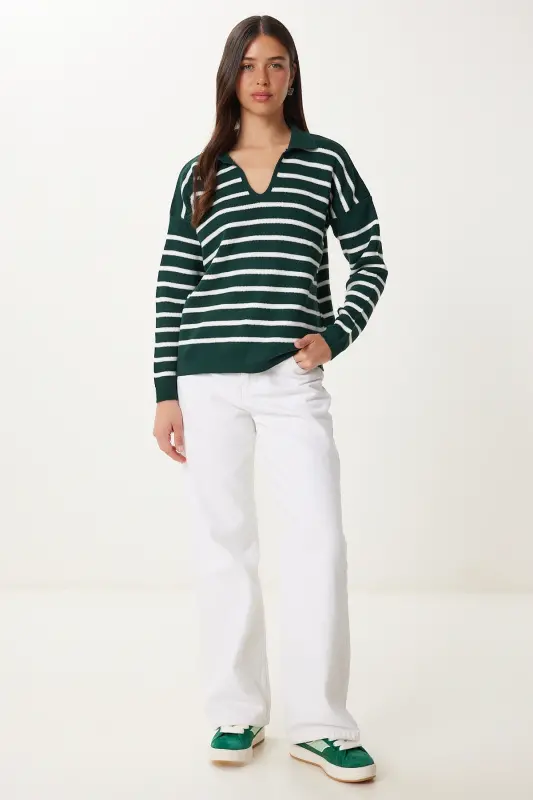 Women's Dark Green Polo Neck Crop Knit Sweater US00293-Dark Green - 3