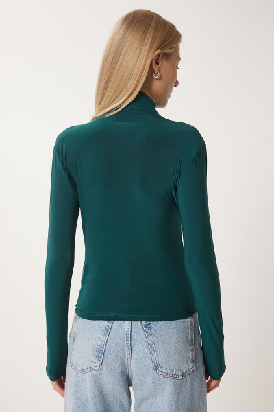 Women's Dark Green Ruched Detail Stand-up Collar Sandy Blouse - 4