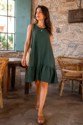 Women's Dark Green Sleeveless Ruffled Dress ARM-18Y001156-Dark Green 