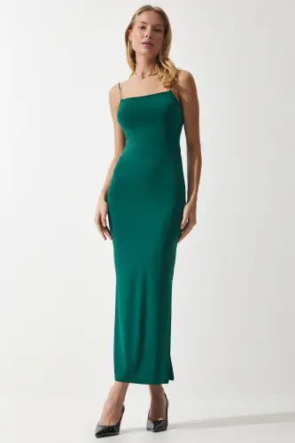 Women's Dark Green Spaghetti Strap Slit Fitted Sandy Dress DZ00114-Dark Green - 2