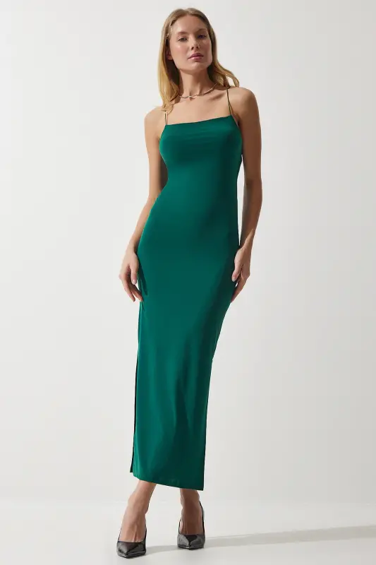 Women's Dark Green Spaghetti Strap Slit Fitted Sandy Dress DZ00114-Dark Green - 5