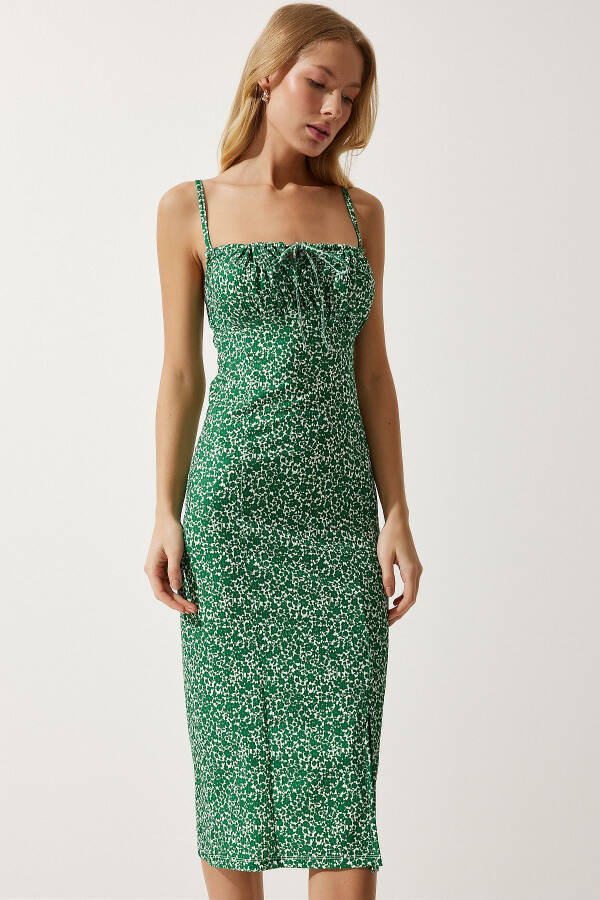 Women's Dark Green White Floral Slit Summer Knit Dress CI00029 - 2