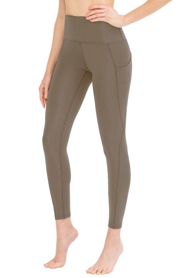 Women's Dark Khaki High Waisted Double Pocket Shaping Sport Leggings - 2