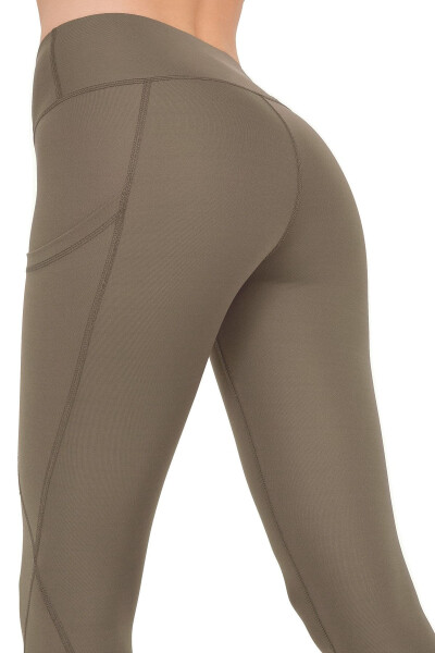 Women's Dark Khaki High Waisted Double Pocket Shaping Sport Leggings - 3